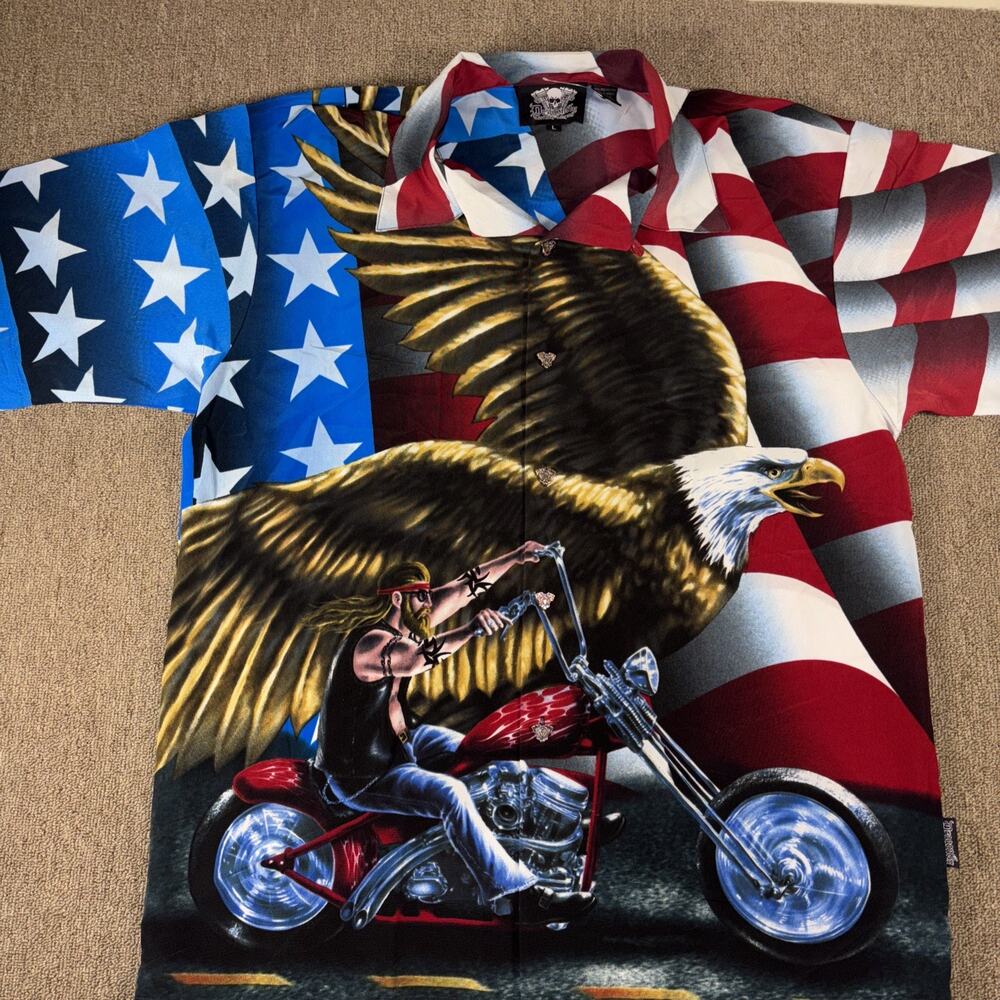 Dragonfly Motorcycle Graphic Button Up Shirt Sleeve NWOT Large Polyester 23.5x30
